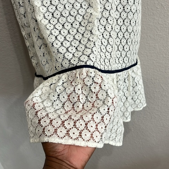 J. Taylor Navy Cream Striped Dress Sz 16 Lace Crochet Pleated Hem Nautical - Picture 6 of 12